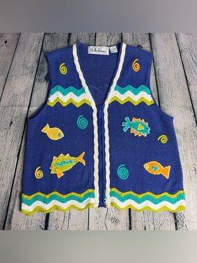 BellePointe Vintage Embroidered Fish Appliqué Knit Vest Blue Teal Yellow Size M
